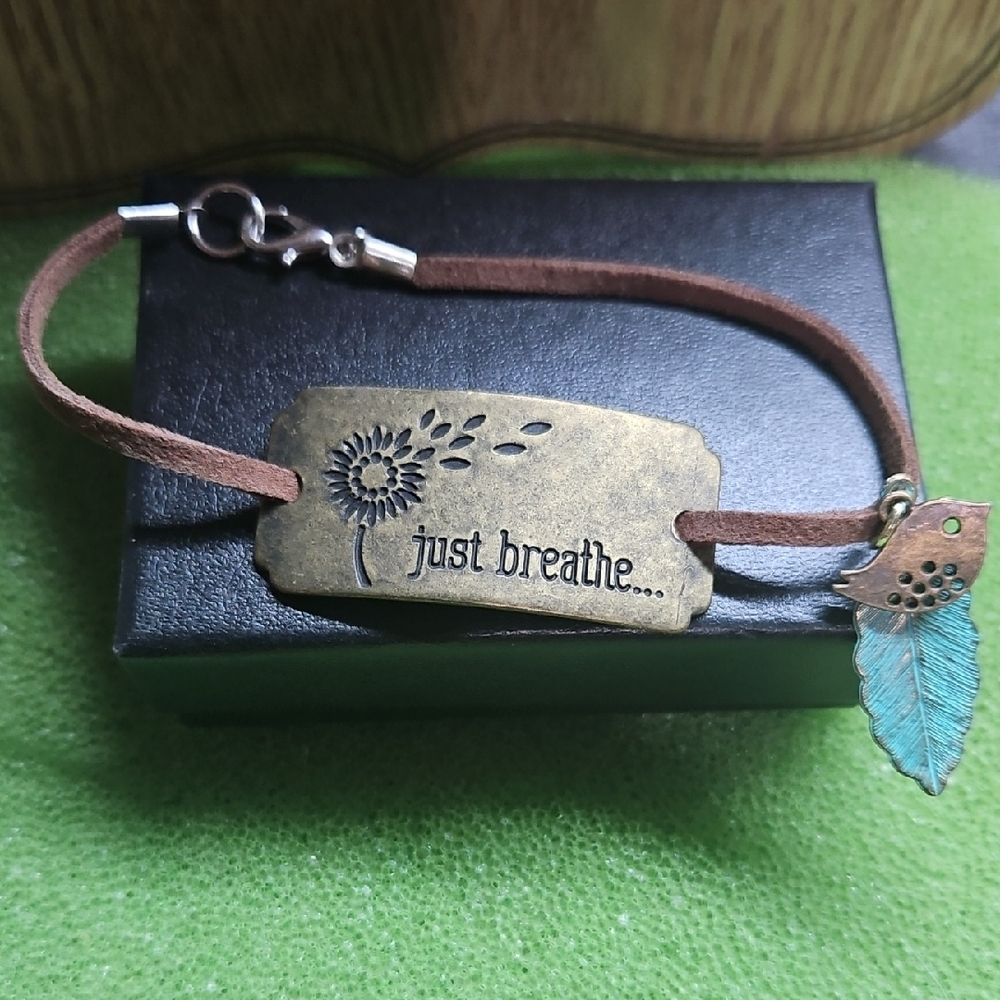 Brown Leather Bracelet with Gold Plate and Feather Charm